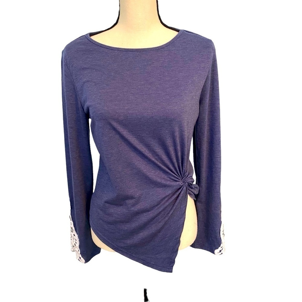 Noracora Blue Long Sleeve Side Tie Shirt Top with White Knit Sleeve Sz M
